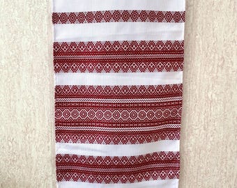 Ukrainian Woven Rushnyk Towel 70 in– Traditional burgundy Folk Ornament Ritual Cloth