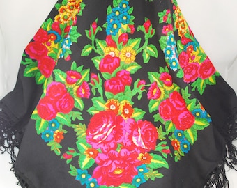 Wool large shawl vintage 56 in., Babushka scarf, Flower shawl with fringe, Floral scarf for women, Ukraine shawl, Folk shawl