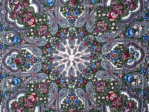 Ukrainian floral shawl 46 in., Babushka scarf whi… - image 2