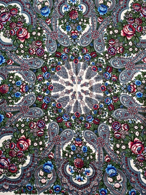 Ukrainian floral shawl 46 in., Babushka scarf whi… - image 4