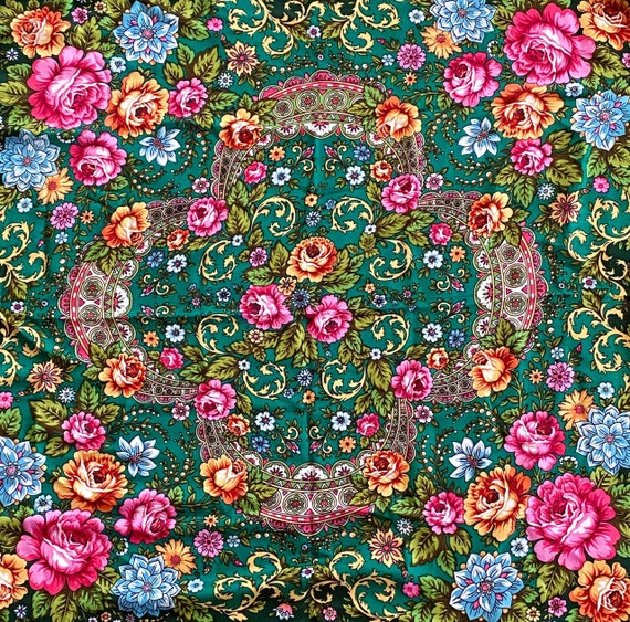 Ukrainian floral shawl 46 in., Babushka scarf gre… - image 6