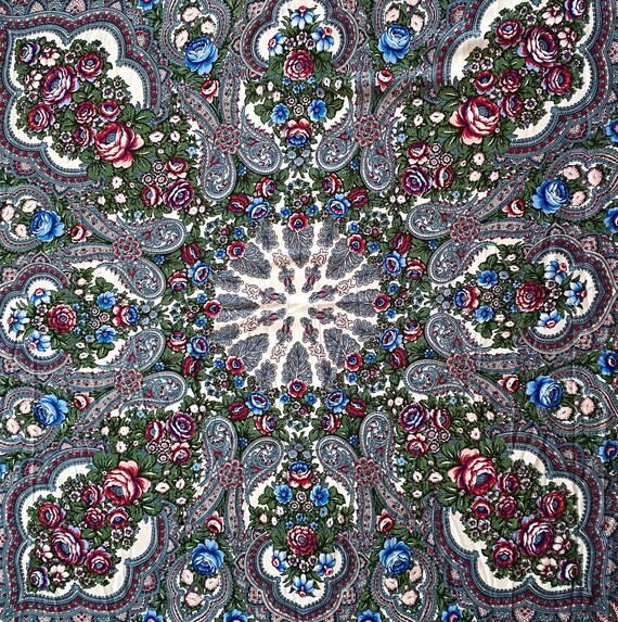 Ukrainian floral shawl 46 in., Babushka scarf whi… - image 3