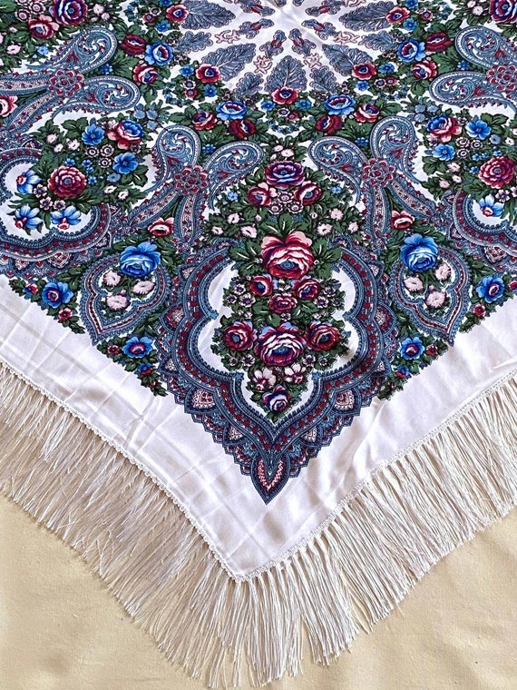 Ukrainian floral shawl 46 in., Babushka scarf whit