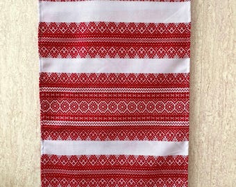 Ukrainian Woven Rushnyk Towel 70 in– Traditional Red Folk Ornament Ritual Cloth