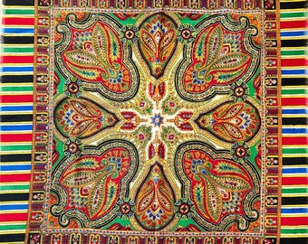 Vintage Rainbow Paisley Wool Scarf | Bright Striped Border Square Shawl | Mod 1960s 1970s Headscarf | Hippie Chic Fashion | 28" x 28"