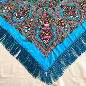 Ukrainian floral shawl 46 in., Babushka scarf blue, Big ethnic headscarf for woman silk fringed scarf