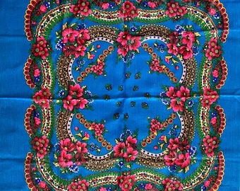 Ukrainian Vintage Wool Scarf with Lurex | Blue Folk Shawl with Floral Pattern | Traditional Sparkling Headscarf