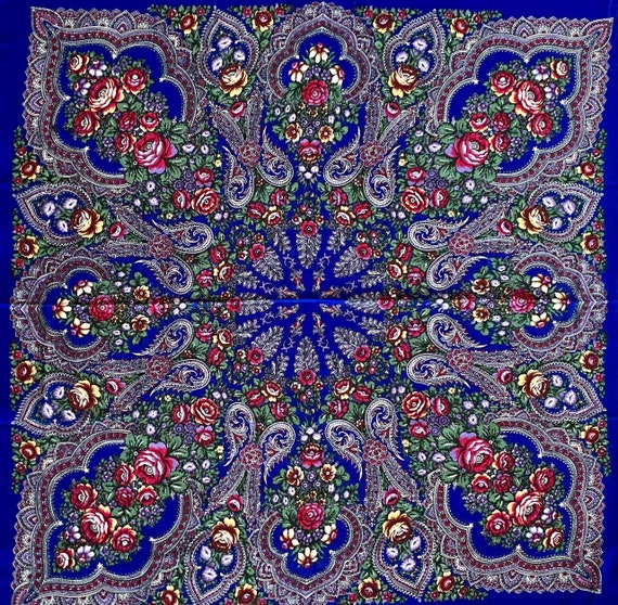 Ukrainian floral shawl 46 in., Babushka scarf nav… - image 2