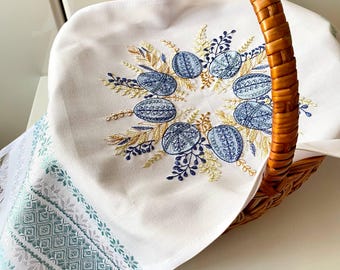Ukrainian Easter Embroidered Towel with Pysanka Eggs, Traditional Rushnyk, Easter Basket Cloth, 27.5 x 12.5 inches