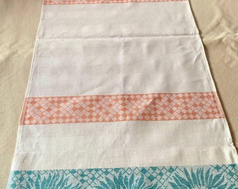 Vintage Jacquard Linen Towel 1990 – Ukrainian Soviet Era Tea Towel – Turquoise & Peach Stripes – New with Tag – 17.7x49.2 in