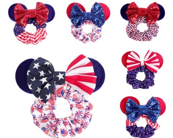 Coletero de tela con orejas de Minnie Mouse, lazo patriótico del 4 de julio y orejas, rojo, blanco y azul, estilo americano, fuegos artificiales, lentejuelas n.° 601