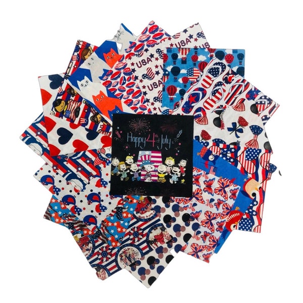 88/44/20/10 pieces NOVELTY Random July 4th 5” Squares Precut Fabric Quilting, Charm Pack, Scrapbook, crafts 100% Cotton Dog Cat Mouse #211