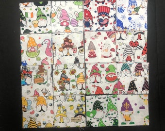 64 x 2.5” Squares Gnomes Pack Pre Cut Fabric Quilting, Mini Charm Pack, Scrapbook, crafts - 100% Cotton Novelty #213