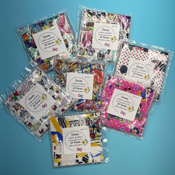 DISNEY Pre Cut Quilting Squares 5” Fabric Squares Charm Pack of 20 Novelty Cartoon Boy Girl Quilting, Crafts #224