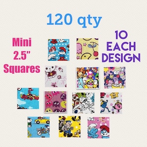 120 Mini 2.5” Squares Pack Quilting Scrapbook crafts 100% Cotton (non stretch) 1980’s Nostalgic Smurfs Mr Men Novelty Fabrics #202