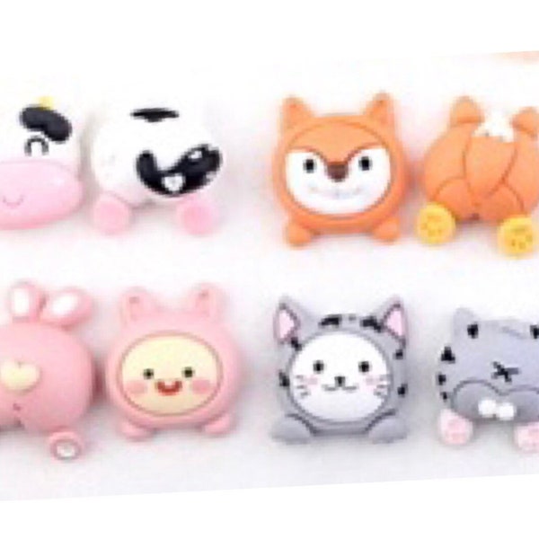 8pc ANIMAL Head & Butt Kawaii Cabochon Cat Cow Fox Rabbit Decoden Slime Charm Resin Random Mixed Pack  3D Flatback Doll House Accessory #118