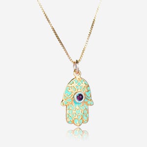 Dainty Hamsa Necklace 24k Gold Plated Silver & Garnet Stone-Bat Mitzvah Necklace for Girl-Israeli Jewelry Judaica-JewishProtective Amulet