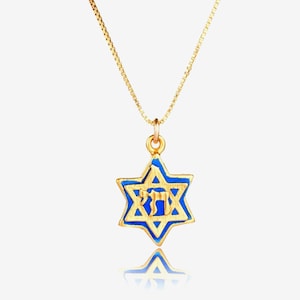 Gold Star of David Necklace with Hebrew &quot;CHAI&#39;- Gold Plated Sterling Silver-Judaica Gift from Israel-Bar/Bat Mitzvah Pendant for Girl