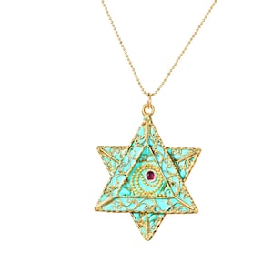 Israeli Star of David Pendant with Garnet and Turquoise Enamel | Gold Plated Sterling Silver- Vintage Filigree Star Pendan-Gift for Women