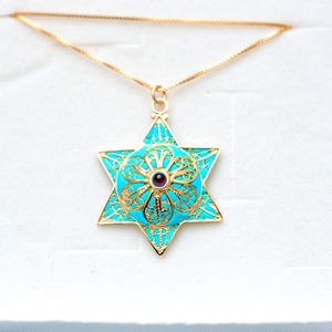 Vintage Star of David Necklace 24k Gold-Plated Sterling Silver Filigree with Garnet Stone