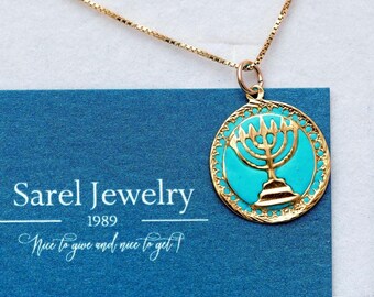 Vintage menora ketting Israël Jeruzalem-symbool, Joodse Pride-hanger verguld sterlingzilver