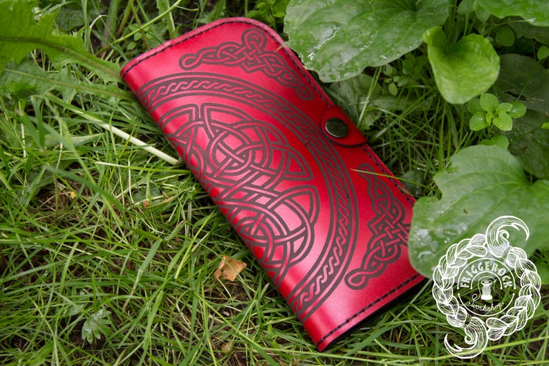 Long red wallet with engraving Celtic ornament