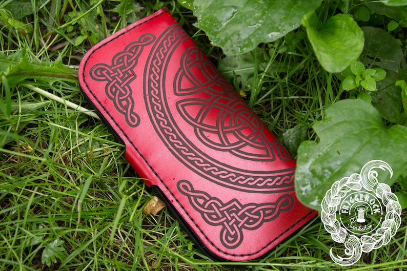 Long red wallet with engraving Celtic ornament