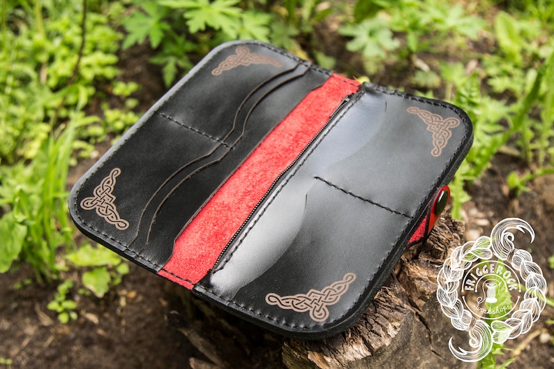 Long red wallet with engraving Celtic ornament
