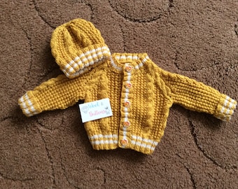 Handmade Knitted Cardigan and hat set, 0/3 months