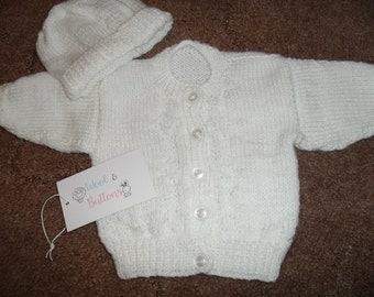Handmade Knitted White Baby Cardigan and Hat set 0-3 months