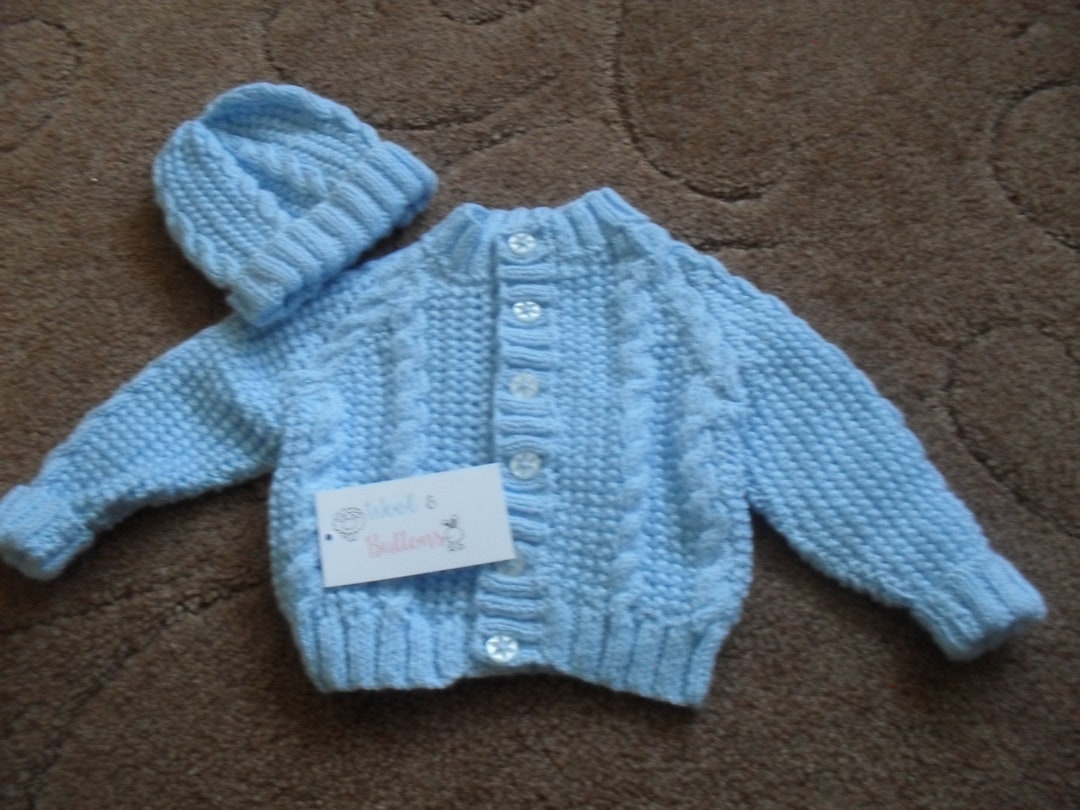 Handmade Knitted Blue Baby Cardigan and Hat Set 03 Months Etsy UK