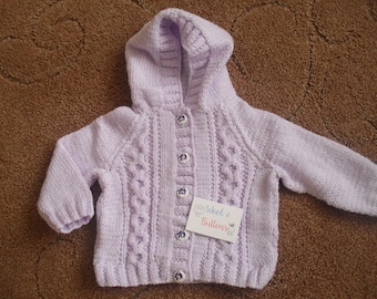 Handmade Knitted Lilac Baby Hooded Cardigan 0/3 months,