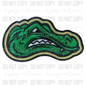May include: A sequined patch shaped like a stylized alligator head in profile. The design features vibrant green sequins for the skin, a yellow sequined border, and white sequined teeth. The entire patch is outlined in a thick black embroidered edge.