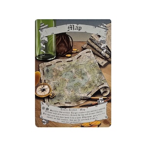 May include: A fantasy-themed card featuring a detailed map, compass, and parchment. The card has the word "Map" in a banner. Other items include a bottle, coins, and a pen. The card has text at the bottom.
