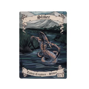 May include: A fantasy creature card with a blue, green, and brown background. The card features a creature with a long, thin body, a long, thin tail, and a long, thin neck. The creature has a large head with a long, thin beak. The card is titled "Sliver" and is a "Token Creature - Sliver" with a power and toughness of 1/1.