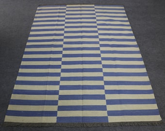 Blue and White Striped Kilim Rug: 5x7 Wool Dhurrie Rug