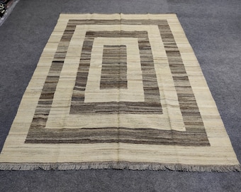 Neutral Kilim Rug: Flatweave Wool Dhurrie, 6x8 Area Rug