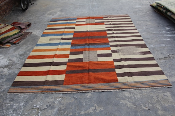 8x10 Turkish Kilim Rug: Multi Color Striped Area Rug