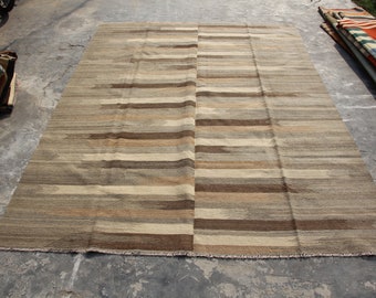 Brown & Grey Wool Kilim Rug: Hand-Made 9x12 Living Room Carpet