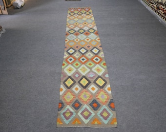 Kilim Wool Rug Runner: Long Hallway Entryway Rug (2.6' x 15.5')
