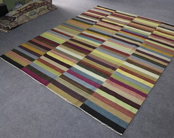 8x10 Wool Kilim Dhurrie Rug: Multi-Color Striped Area Rug
