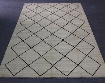 Moroccan Kilim Wool Rug: Black and white rug, Bedroom kilim rug, 5 x 8 rug, Ivory and Black Flatweave, 5.6' x 7.7'