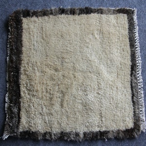 May include: A beige rug with a brown border. The rug has a fluffy texture and a fringed edge.