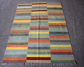 Handmade Wool Kilim Rug: Contemporary Multi-Color Stripe Dhurrie (4.2 ft x 6 ft)