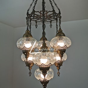 Set of 7 Globes Laser Cut Turkish Crackle Glass Hanging Chandelier Mood Lamp Pendant Lighting, Chandelier, Entryway Lighting Fixture