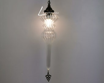 FREE UK/EU Led Bulb Ribbed Blown Glass Hanging Pendant Lamp for Kitchen, Bedroom, Dining Room, Restaurant Lamp, Bar Light