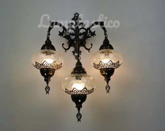 Triple Crackle Glass Wall Sconce Lamp Stunning Handmade Moroccan Decor, Turkish Lamp, Mosaic lamps, Bohemian