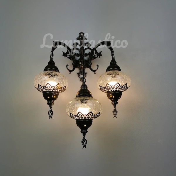 Triple Crackle Glass Wall Sconce Lamp Stunning Handmade Moroccan Decor, Turkish Lamp, Mosaic lamps, Bohemian