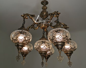 Antique Style 5-Arm Crackle Glass Chandelier, Home Decor Lighting