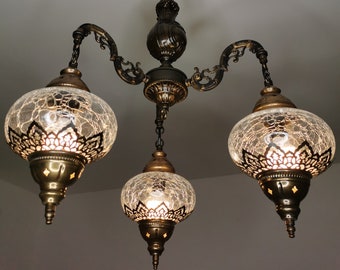 Free UK/EU Led Bulbs, Turkish Moroccan Bohemian Crackle Glass Ceiling Hanging Chandelier, Home Decor Living Room Bedroom Chandelier
